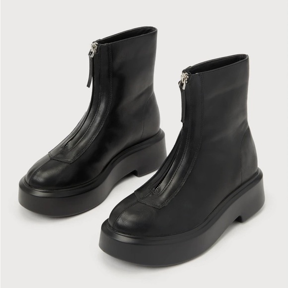 Sachiye Black Zip-Front Platform Ankle Booties - Picture 1 of 7